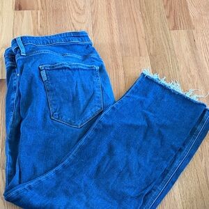 PAIGE Straight Leg Blue Denim Jeans with Frayed Hem